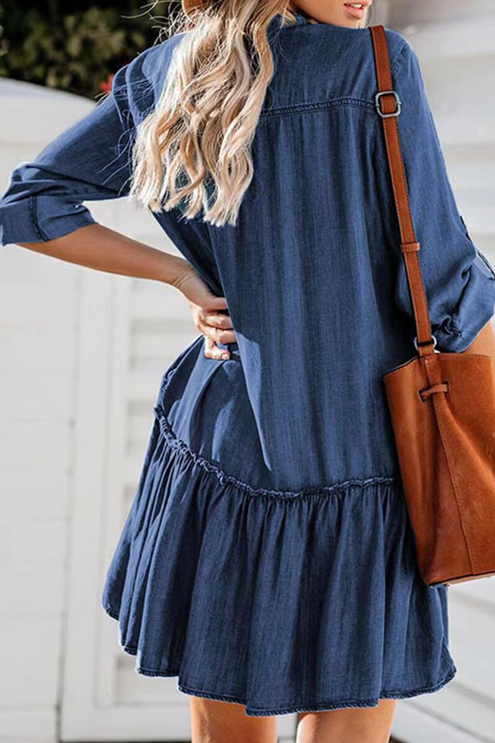 Stilla | Afslappet Solid Flounce Turn Down Collar Cake Skirt Kjoler