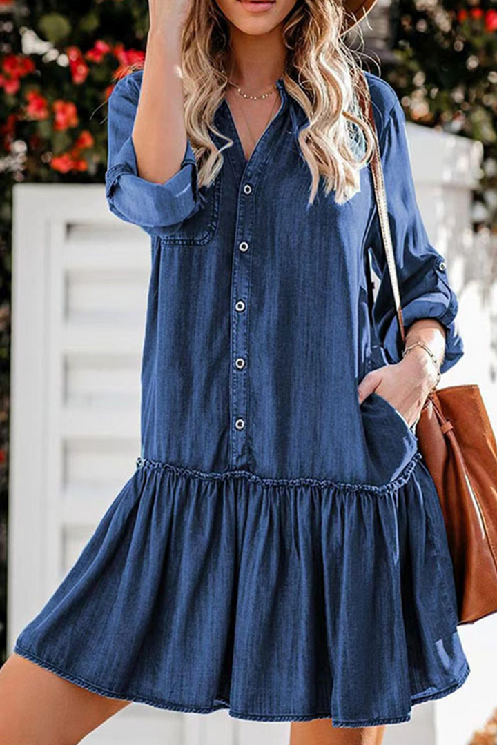 Stilla | Afslappet Solid Flounce Turn Down Collar Cake Skirt Kjoler