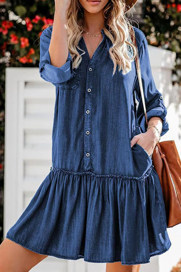 Stilla | Afslappet Solid Flounce Turn Down Collar Cake Skirt Kjoler
