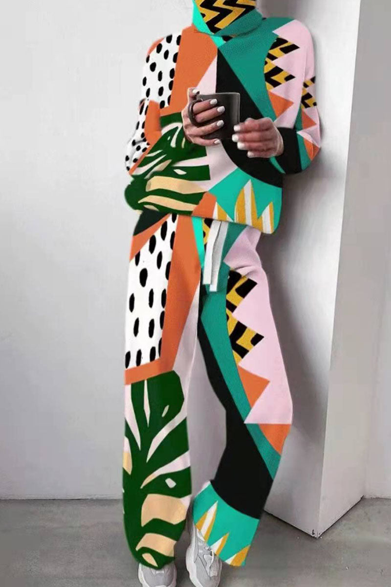 Stilla | Afslappet Print Patchwork Turtleneck Langærmet to Deler