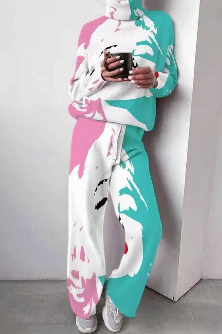 Stilla | Afslappet Print Patchwork Turtleneck Langærmet to Deler