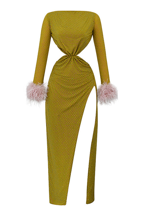 Stilla | Chartreuse Krystalliseret Maxi Kjole