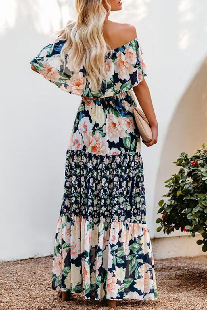 Stilla | Elegant Floral Patchwork Flounce Off the Shoulder Kage Skirt Kjoler