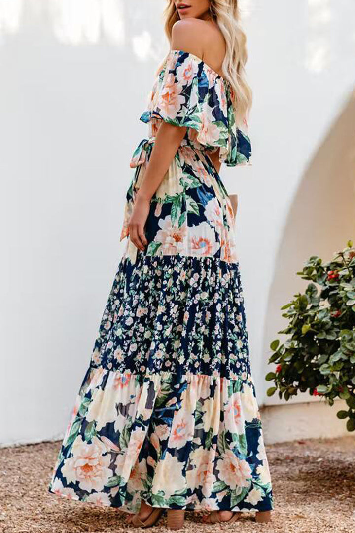 Stilla | Elegant Floral Patchwork Flounce Off the Shoulder Kage Skirt Kjoler