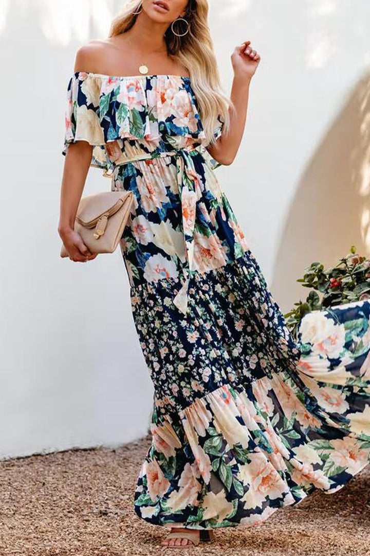 Stilla | Elegant Floral Patchwork Flounce Off the Shoulder Kage Skirt Kjoler