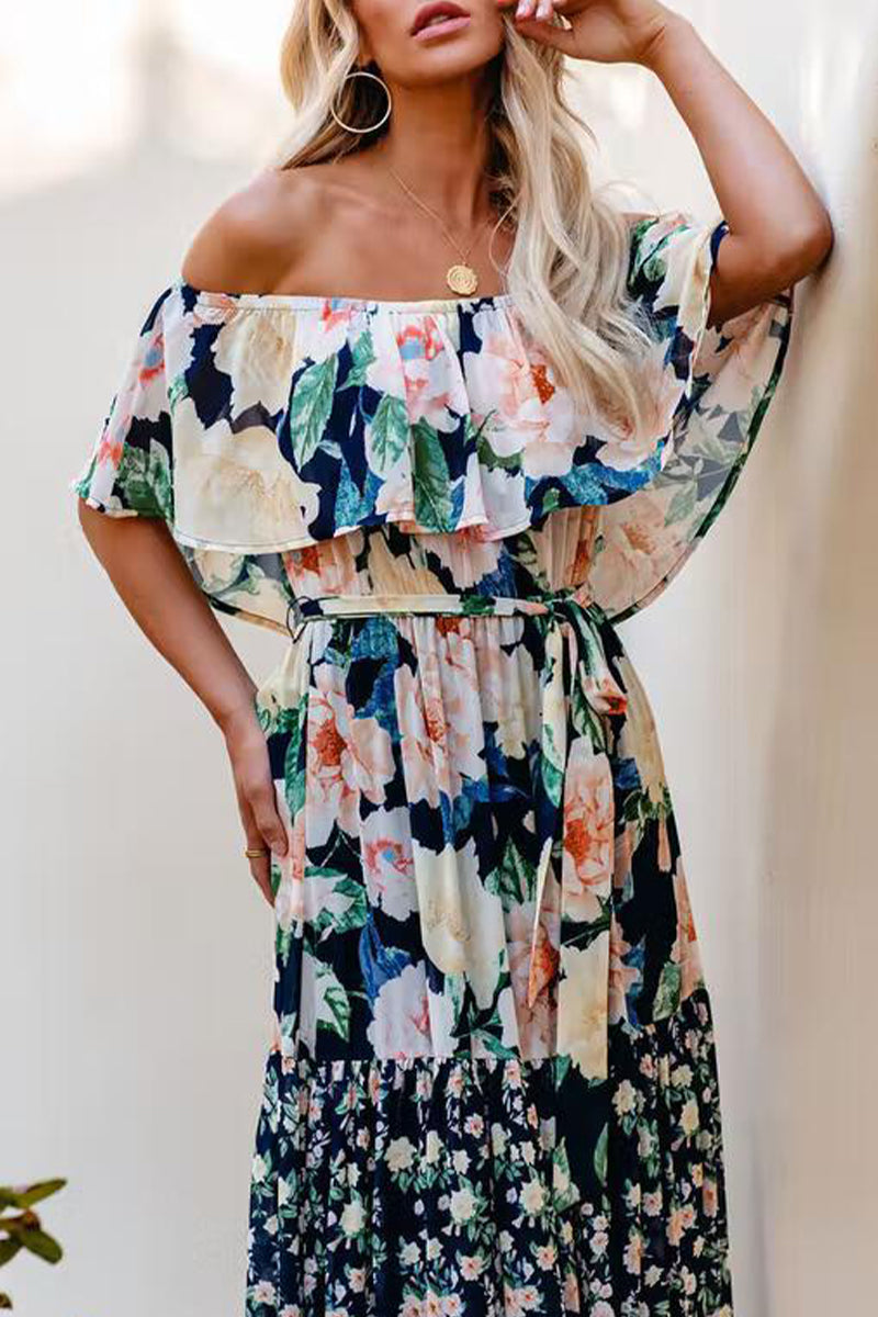 Stilla | Elegant Floral Patchwork Flounce Off the Shoulder Kage Skirt Kjoler