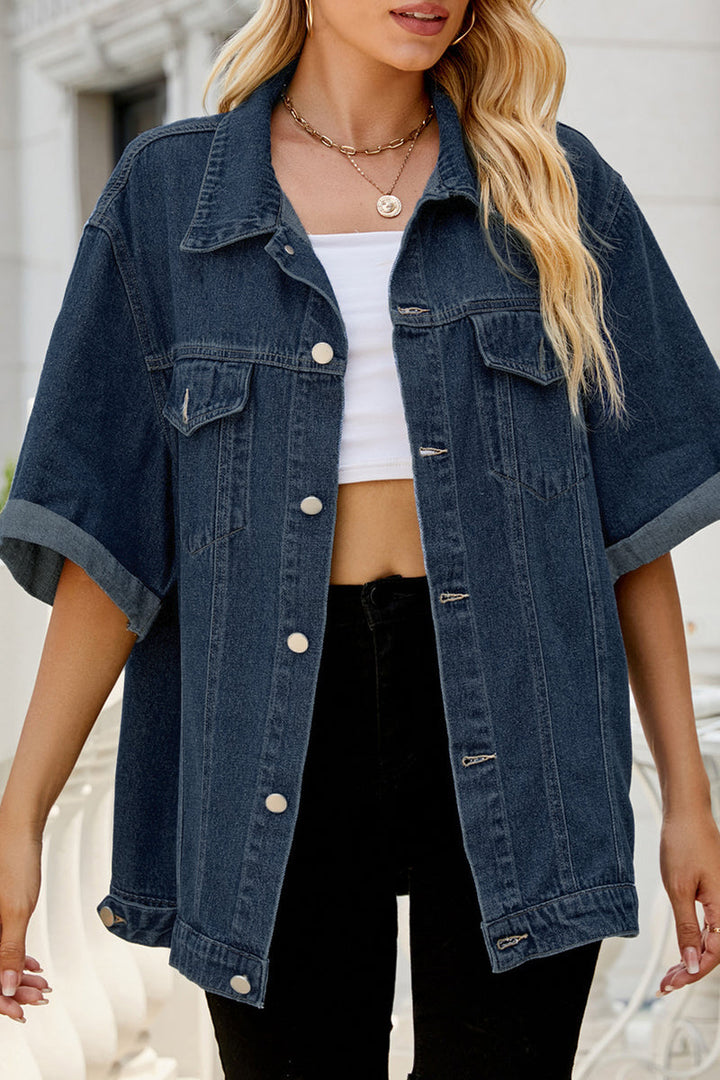 Stilla | Street Solid Lomme Vendekrave Halv Ærme Løs Denim Jakke