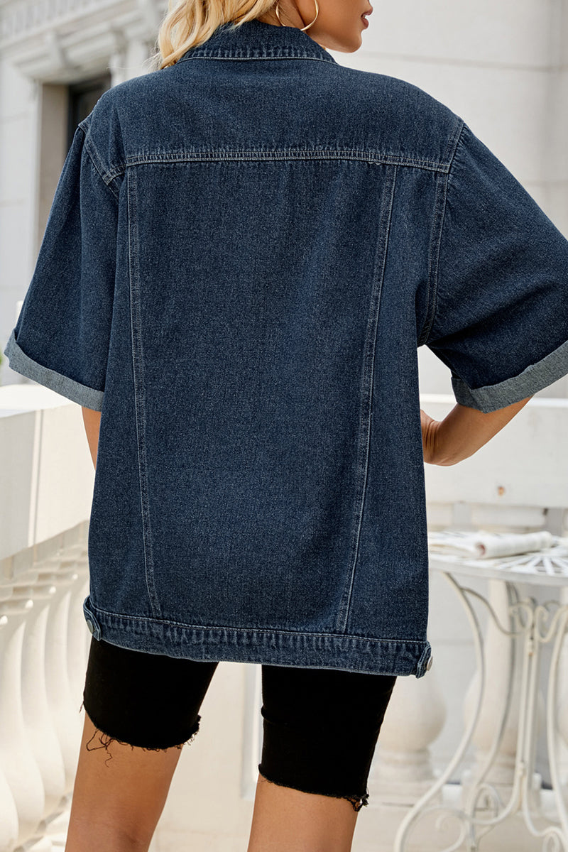 Stilla | Street Solid Lomme Vendekrave Halv Ærme Løs Denim Jakke