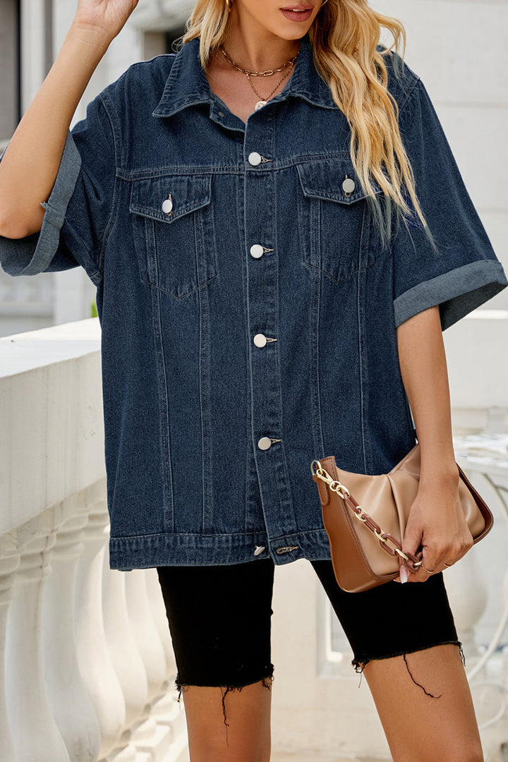 Stilla | Street Solid Lomme Vendekrave Halv Ærme Løs Denim Jakke