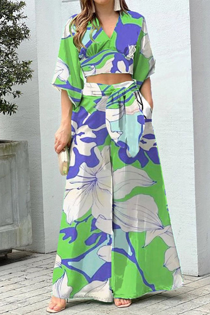 Stilla | Elegant Print Frenulum V-hals Halv Ærme to Stykker