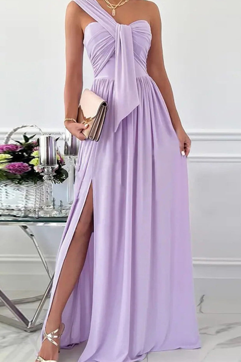 Stilla | Elegant Formelt Fast Asymmetrisk Ensfarvet One Shoulder Uregelmæssig Kjole Kjoler