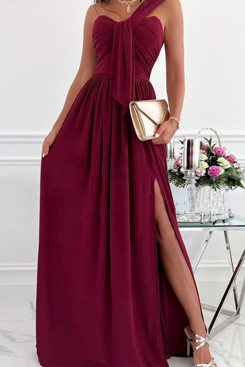Stilla | Elegant Formelt Fast Asymmetrisk Ensfarvet One Shoulder Uregelmæssig Kjole Kjoler