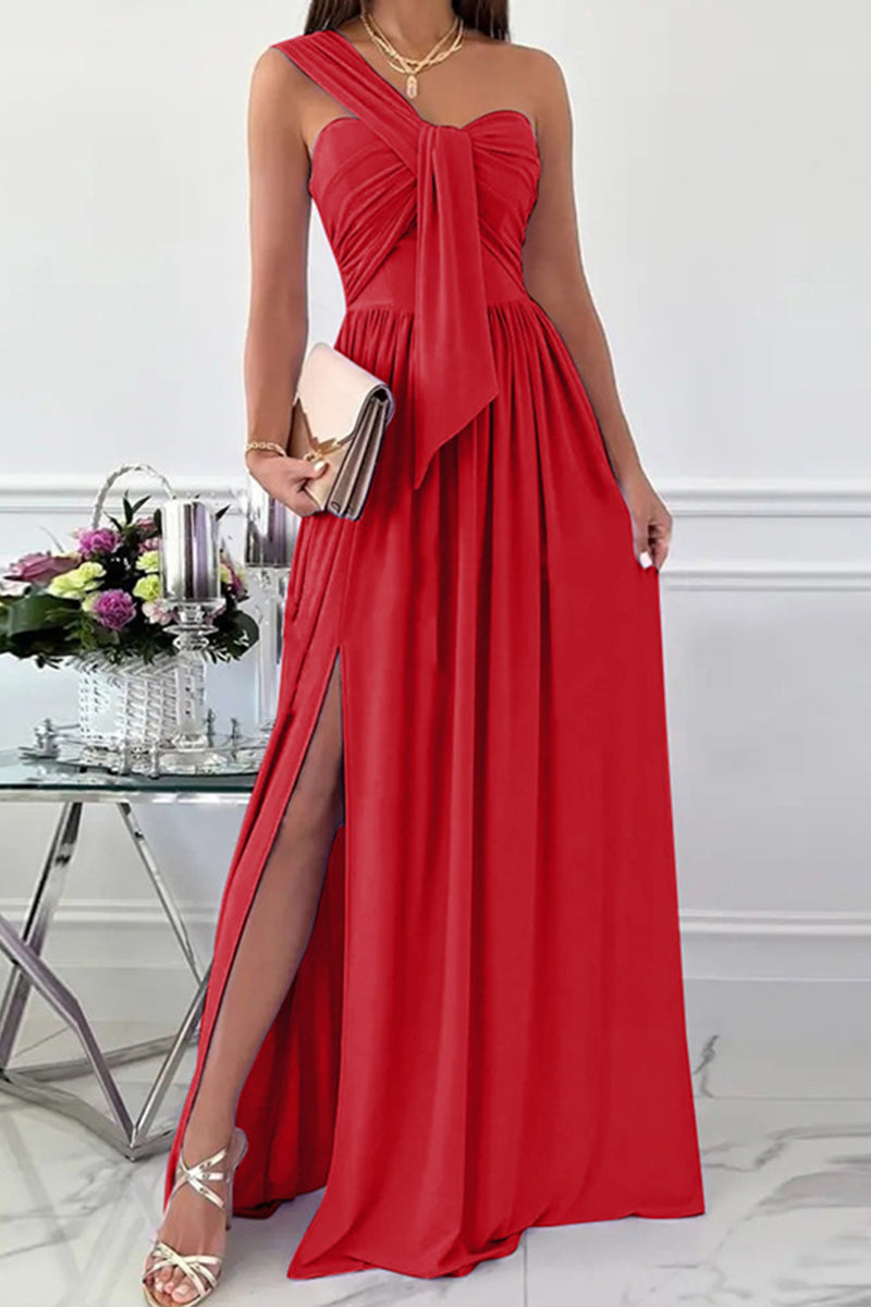 Stilla | Elegant Formelt Fast Asymmetrisk Ensfarvet One Shoulder Uregelmæssig Kjole Kjoler