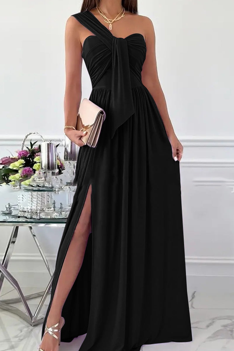 Stilla | Elegant Formelt Fast Asymmetrisk Ensfarvet One Shoulder Uregelmæssig Kjole Kjoler
