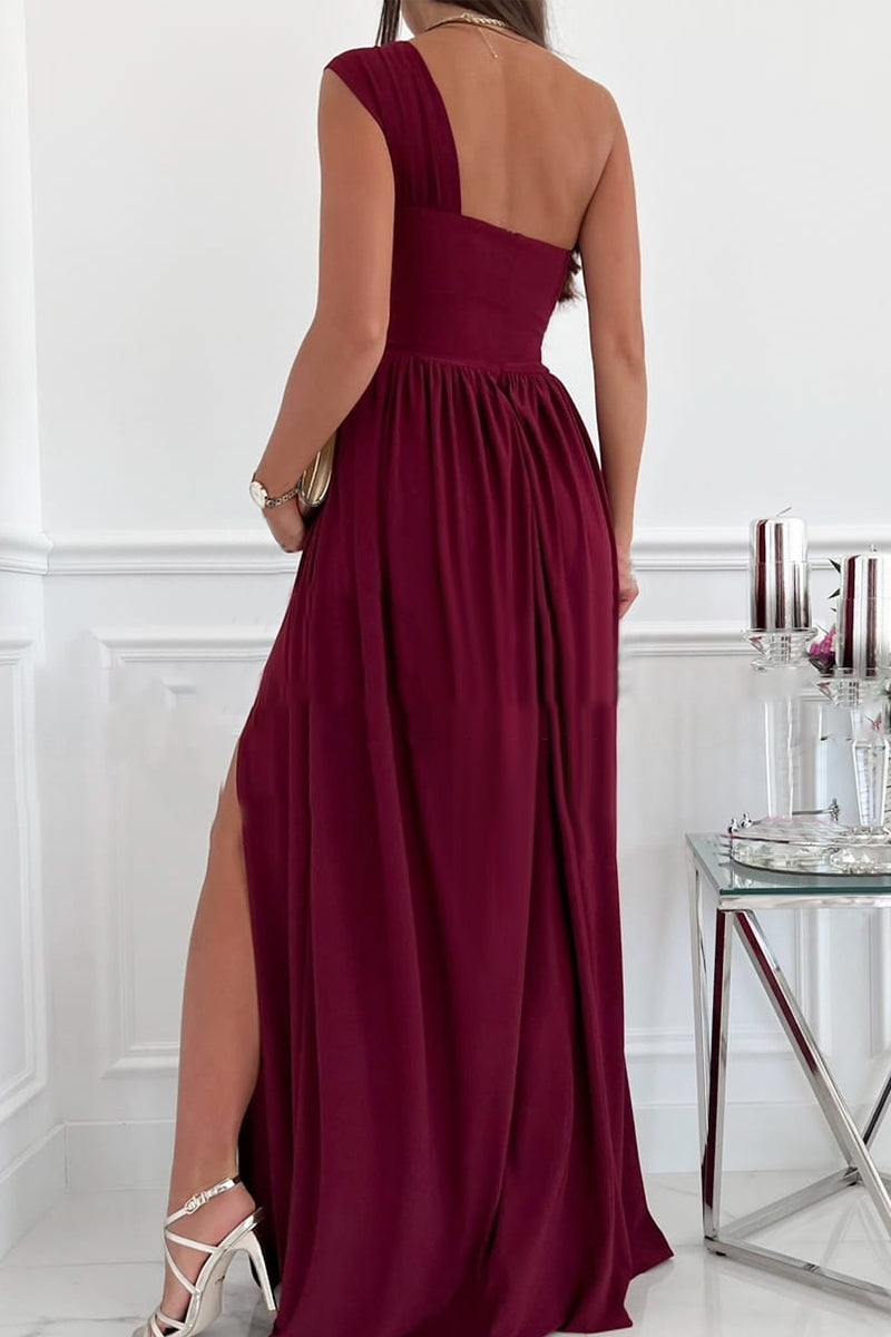Stilla | Elegant Formelt Fast Asymmetrisk Ensfarvet One Shoulder Uregelmæssig Kjole Kjoler