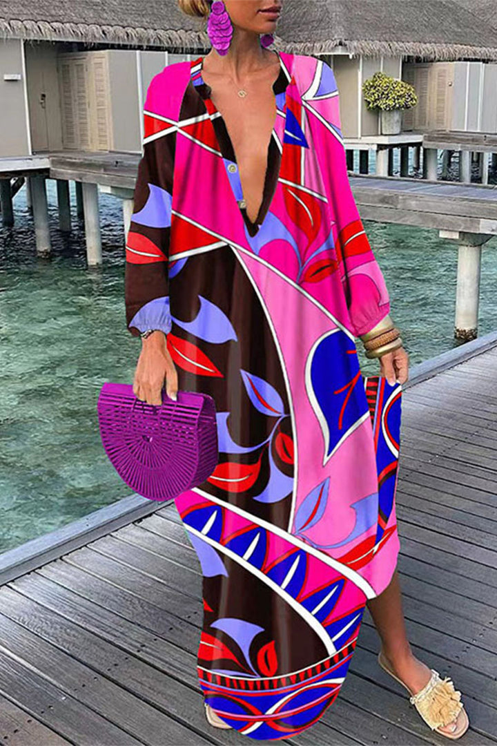 Stilla | Sexet Print Patchwork V-hals Lige Kjoler