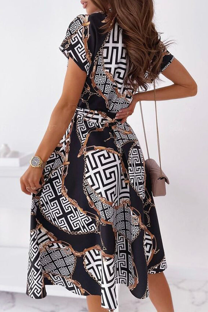 Stilla | Berømtheder Elegant Print Patchwork V-hals Skjorte Kjole Kjoler