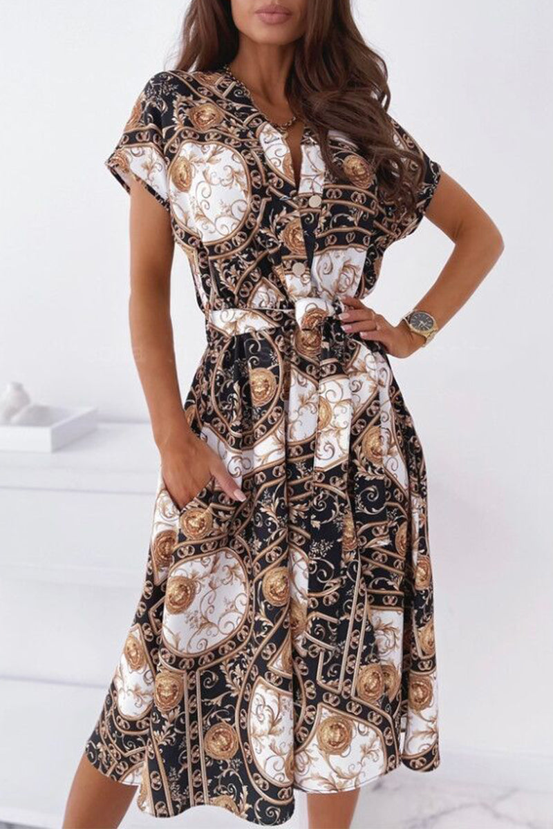 Stilla | Berømtheder Elegant Print Patchwork V-hals Skjorte Kjole Kjoler