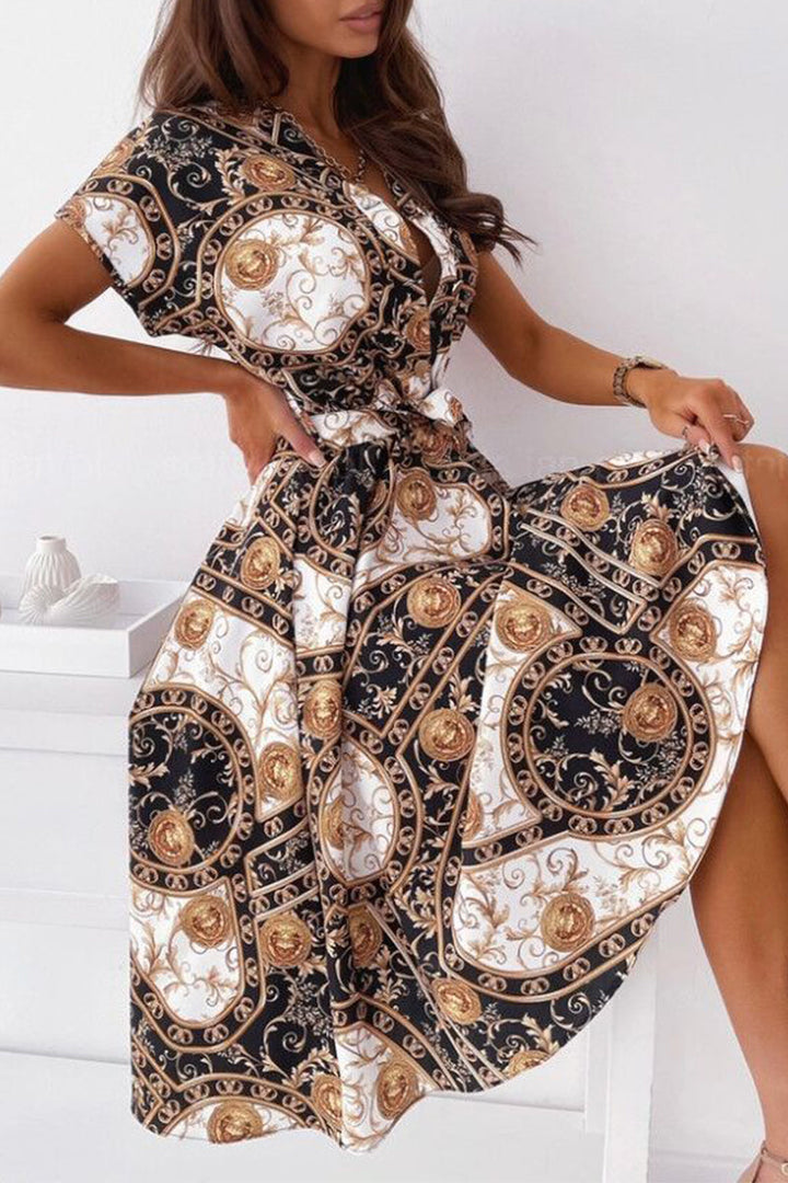 Stilla | Berømtheder Elegant Print Patchwork V-hals Skjorte Kjole Kjoler
