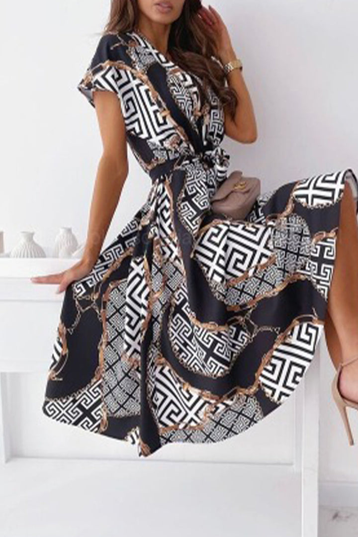 Stilla | Berømtheder Elegant Print Patchwork V-hals Skjorte Kjole Kjoler