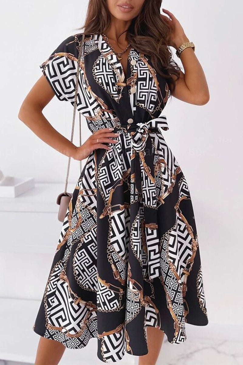 Stilla | Berømtheder Elegant Print Patchwork V-hals Skjorte Kjole Kjoler