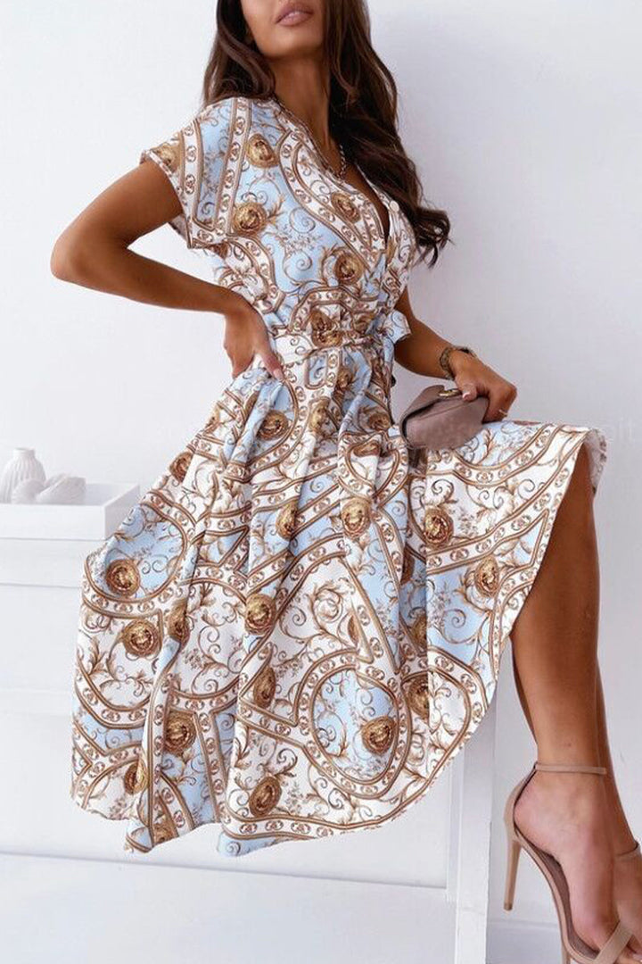 Stilla | Berømtheder Elegant Print Patchwork V-hals Skjorte Kjole Kjoler