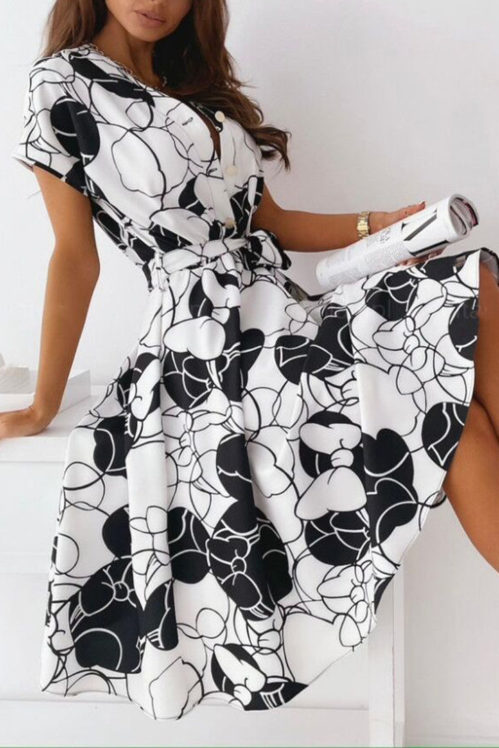 Stilla | Berømtheder Elegant Print Patchwork V-hals Skjorte Kjole Kjoler