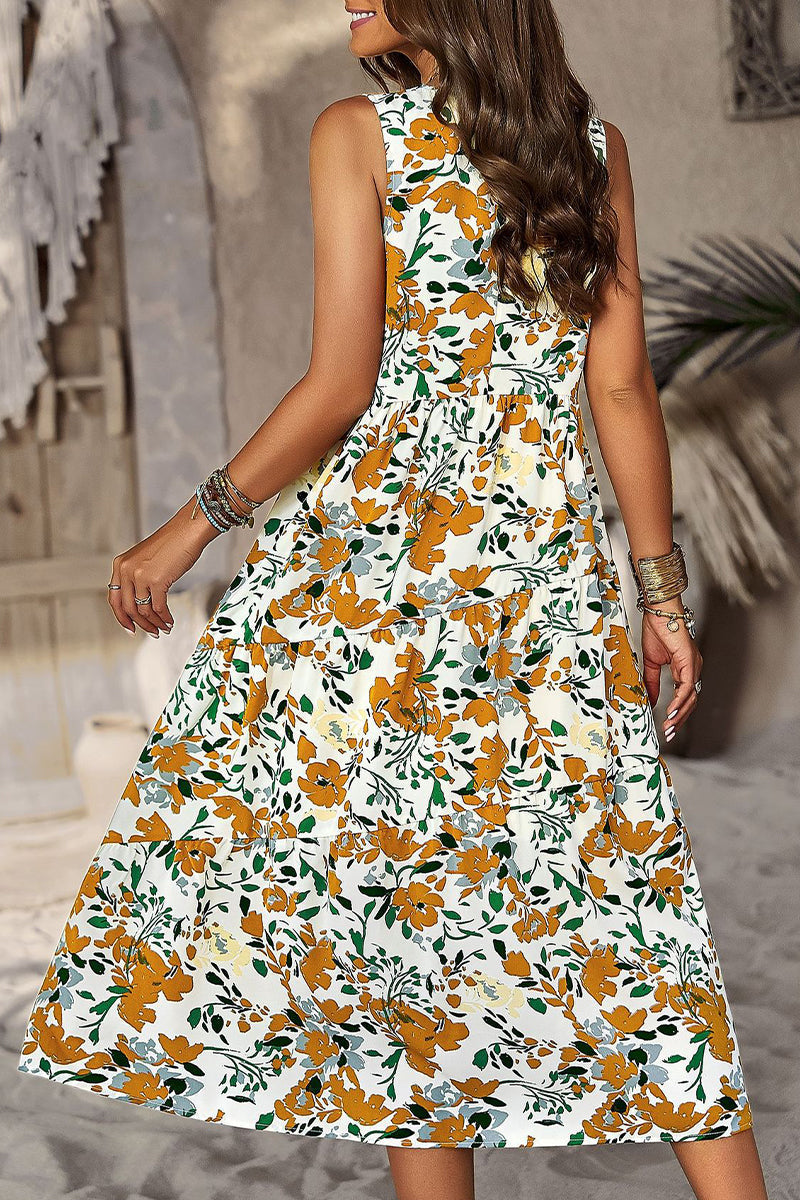 Stilla | Elegant Floral Lommekontrast O Hals A-linje Kjoler