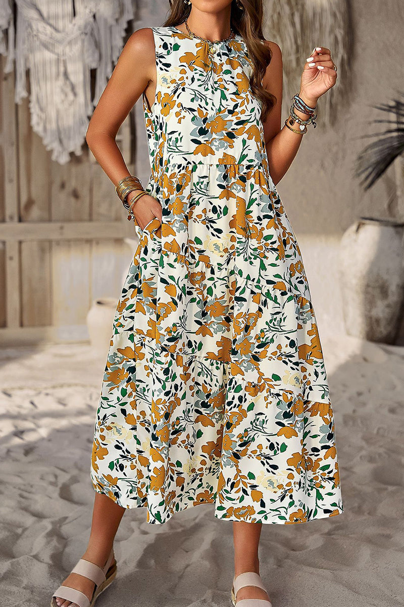 Stilla | Elegant Floral Lommekontrast O Hals A-linje Kjoler