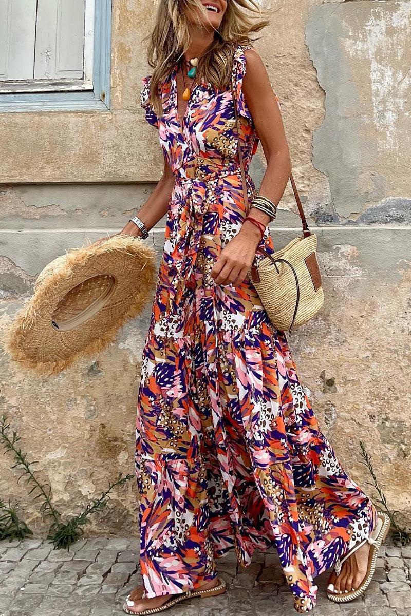 Stilla | Sød Elegant Print Patchwork V-hals Ærmeløs Kjole Kjoler