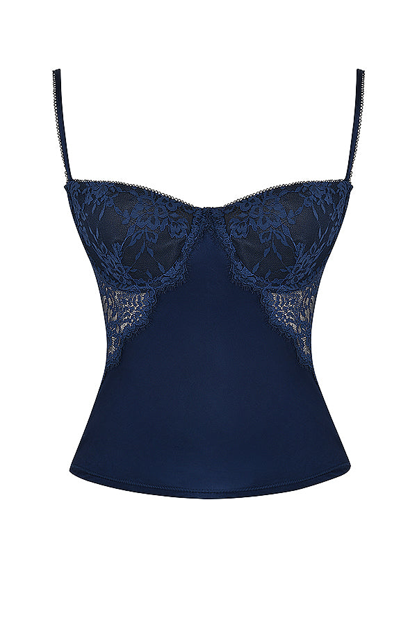 Stilla | Marineblå Satin Og Blonde Cami Top