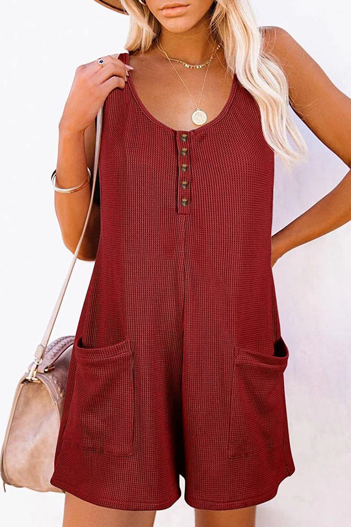 Stilla | Afslappet Street Solid Pocket Knapper V-hals Løs Jumpsuit