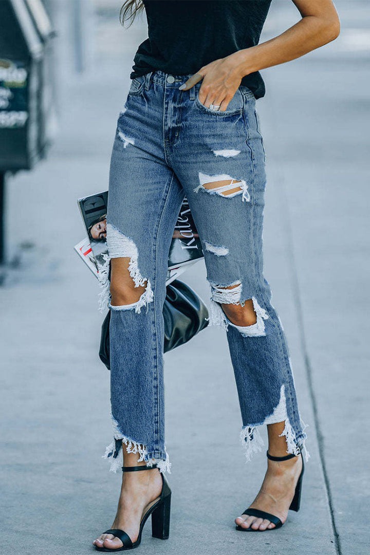 Stilla | Afslappet Street Solid Revnet Lavet Gamle Høj Talje Regelmæssig Denim Jeans