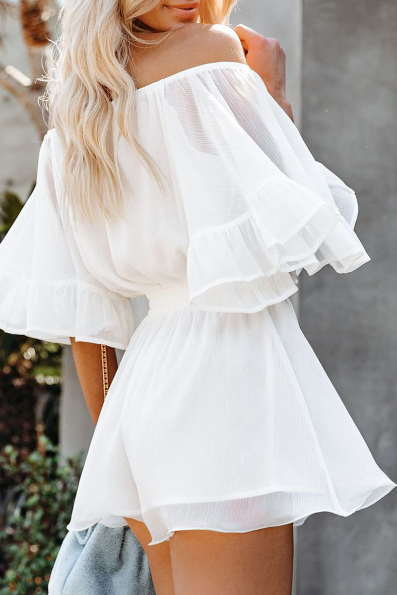 Stilla | Afslappet Daglig Solid Patchwork Flounce Af Skulderen Løs Jumpsuit