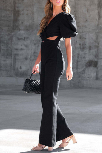 Stilla | Afslappet Street Solid Ripped V-hals Korte Ærmer Regular Denim Jumpsuits