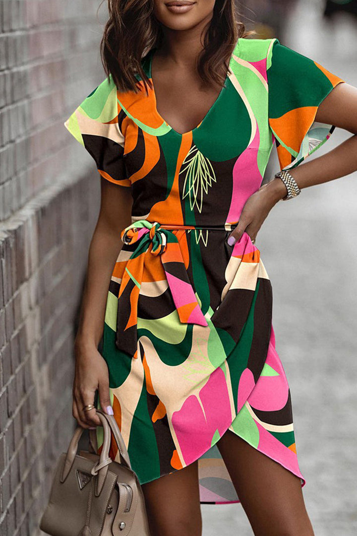 Stilla | Afslappet Sweet Print Patchwork Frenulum V-hals Uregelmæssig Kjole Kjoler