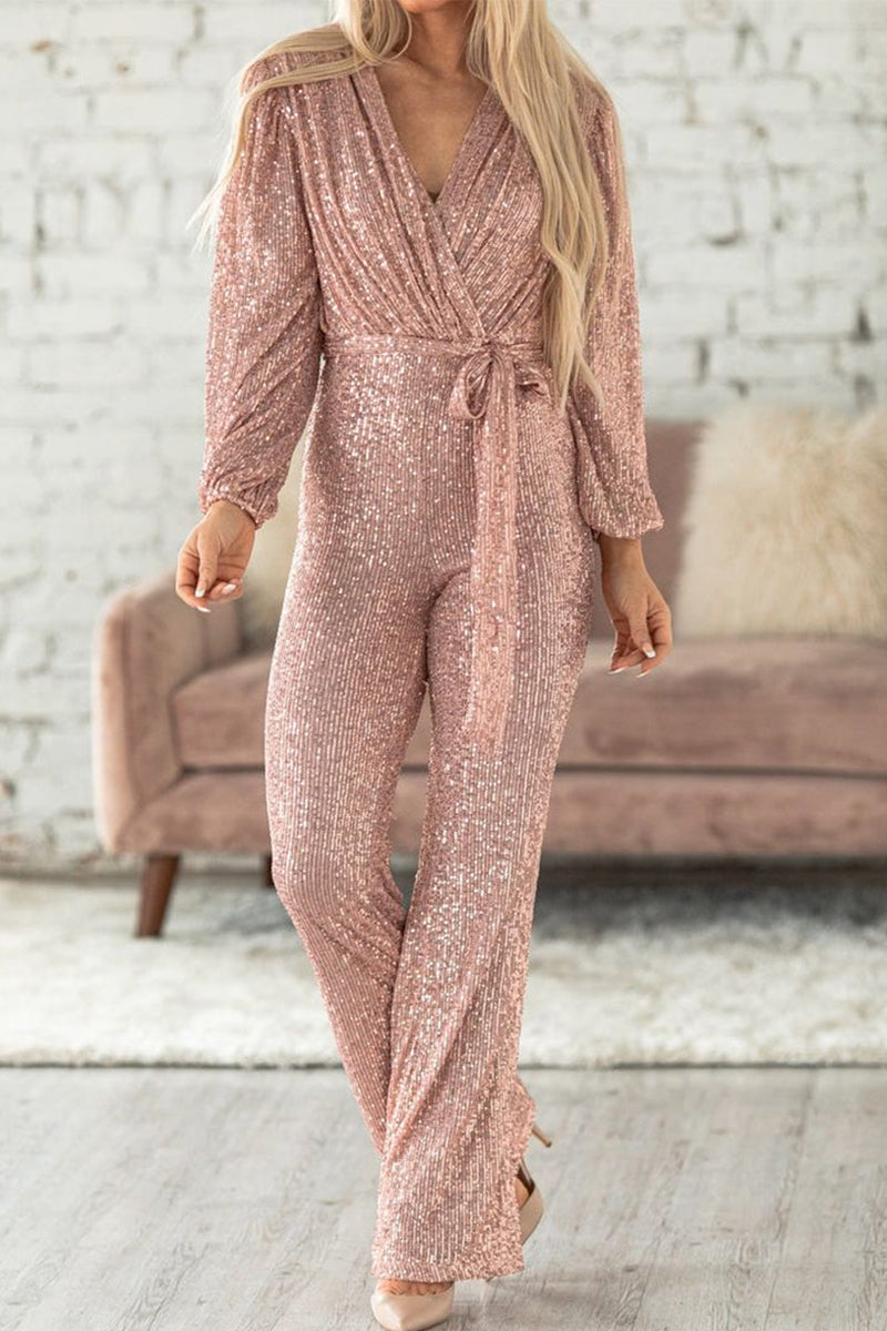 Stilla | Afslappet Elegant Solid Pailletter V-hals Regular Jumpsuits