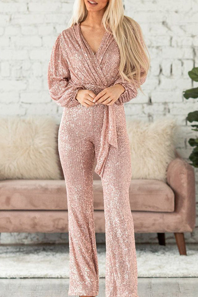 Stilla | Afslappet Elegant Solid Pailletter V-hals Regular Jumpsuits
