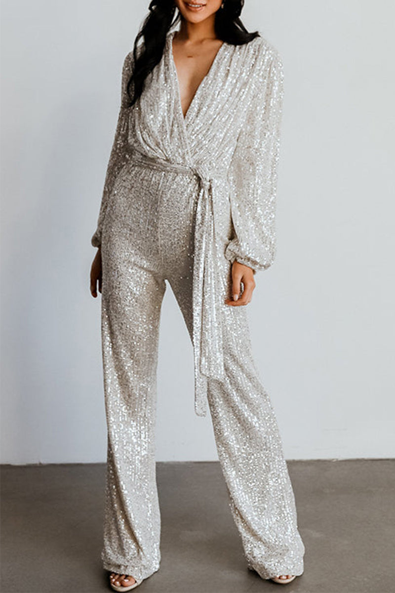 Stilla | Afslappet Elegant Solid Pailletter V-hals Regular Jumpsuits