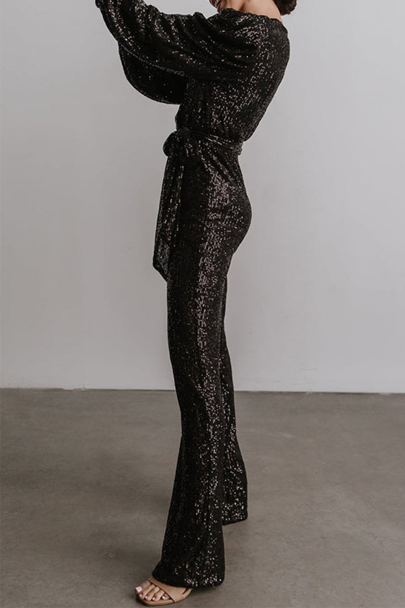 Stilla | Afslappet Elegant Solid Pailletter V-hals Regular Jumpsuits