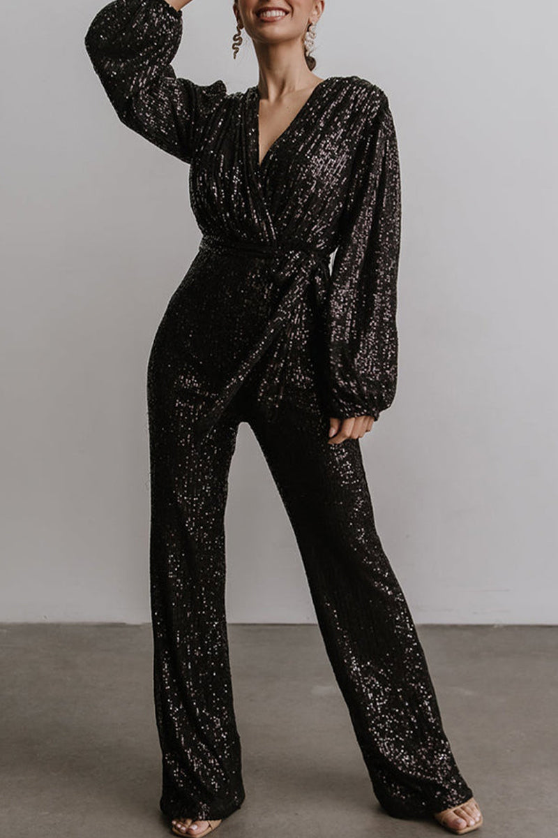 Stilla | Afslappet Elegant Solid Pailletter V-hals Regular Jumpsuits