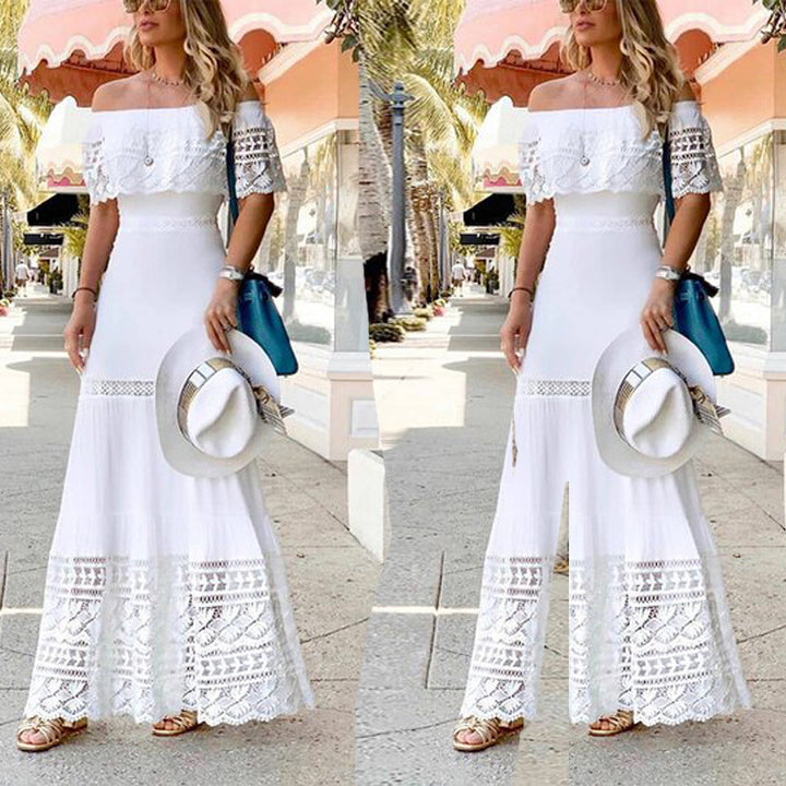 Dame Off-Shoulder Maxikjole med sart lace og elastisk taljebånd Stilla