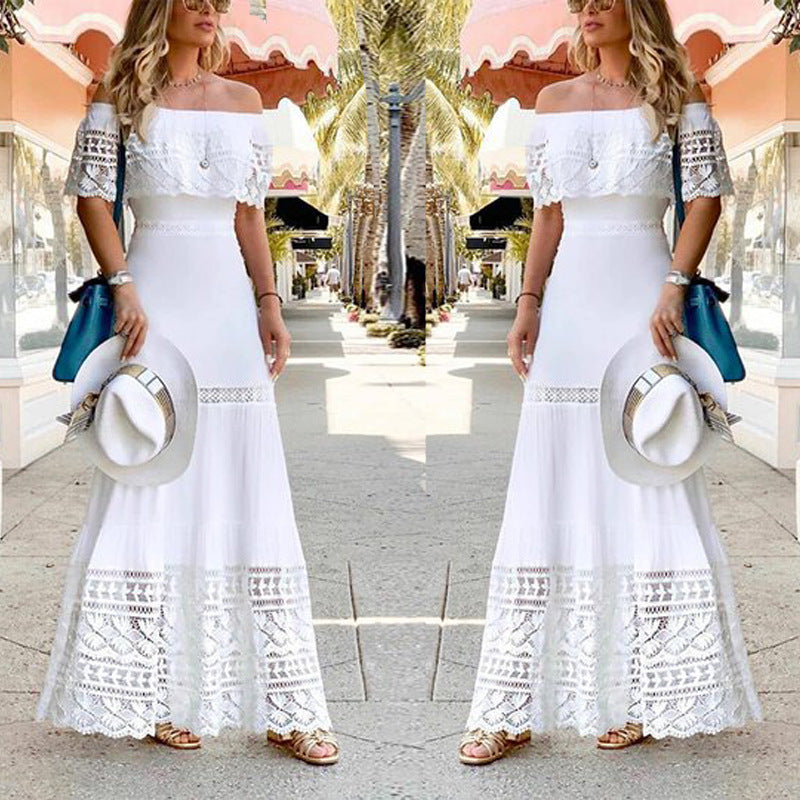 Dame maxikjole med romantisk spidsafslutning og off-shoulder design Stilla