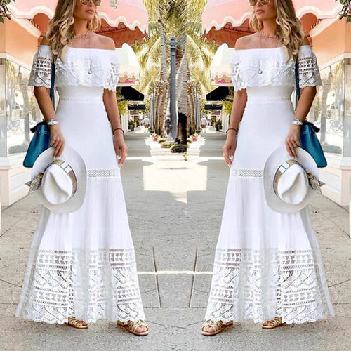 Dame Off-Shoulder Maxikjole med sart lace og elastisk taljebånd Stilla