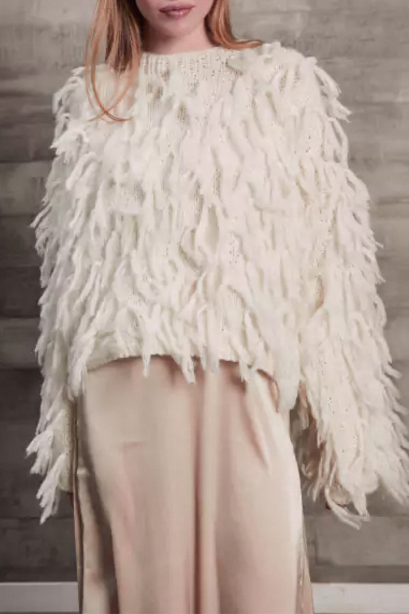 Stilla | Elegant Rundhals Pullover Med Frynser I Britisk Stil
