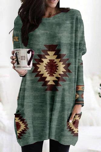 Stilla | Casual Vintage Geometrisk Tryktop Med Patchworktaske og V-udskæring