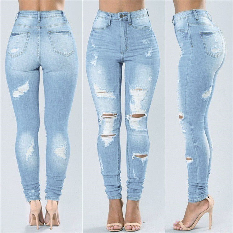 Dame figursyet højtaljede jeans med modiske rivdetaljer og strækkomfort Stilla