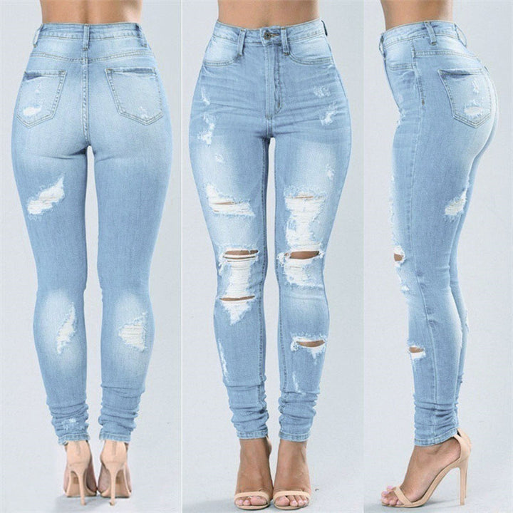 Dame figursyet højtaljede jeans med modiske rivdetaljer og strækkomfort Stilla