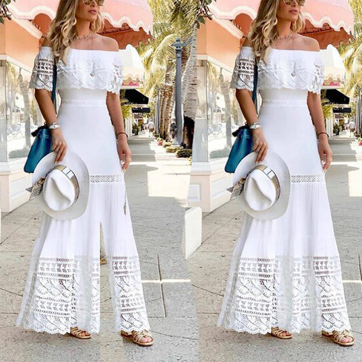 Dame maxikjole med romantisk spidsafslutning og off-shoulder design Stilla