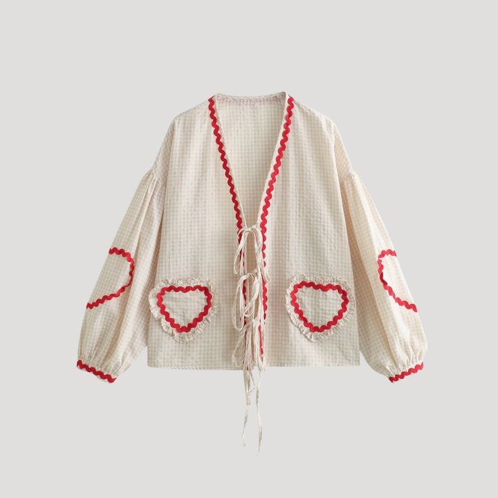 Stilla | Gingham Bånd Front Strikketrøje Med Hjerte Detaljer